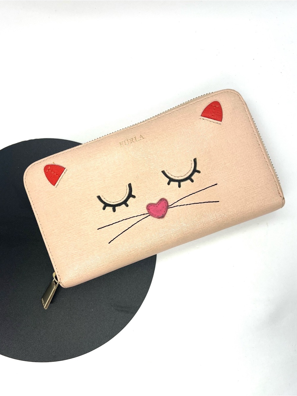 Furla Pink Saffiano Leather Cat Face Zip Around Continental Long Wallet